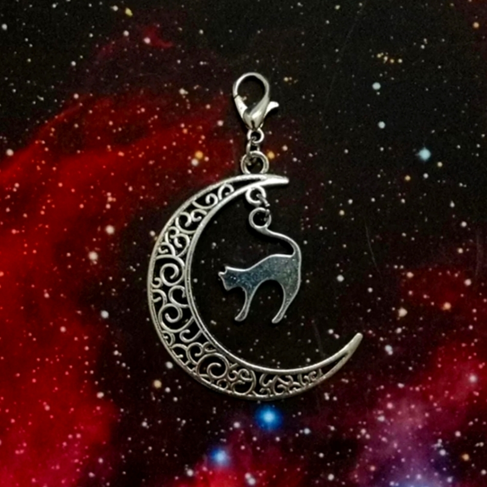 CAT IN MOON PLANNER CHARM CLIPON SILVER ZIPPER